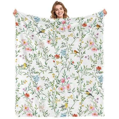 Wildflower Floral Birds Blanket featuring watercolor wildflowers