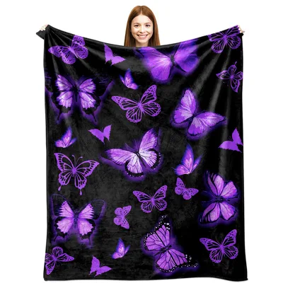 Purple Butterflies on Black Blanket: Glowing Wings Design