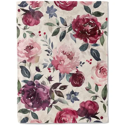 Watercolor Floral Flowers Blanket: Blush and Burgundy Roses on Cream