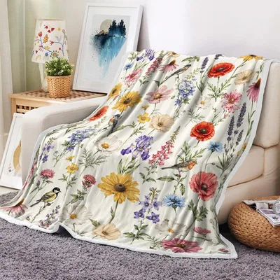 Vintage Wildflower Floral Bird Blanket featuring watercolor daisies
