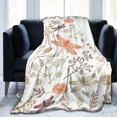 Dragonfly Floral Pattern Blanket: Vintage Insect and Wildflower Design