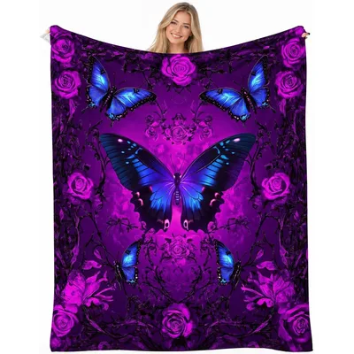 Butterfly Purple Roses Blanket: Vibrant Blue Moths and Floral Art