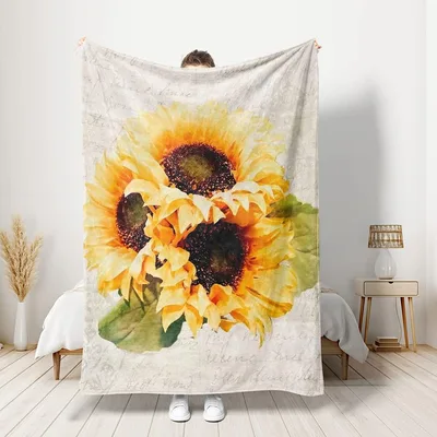 Sunflower Floral Watercolor Blanket featuring bright yellow sunflowers