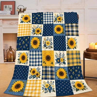 Sunflower Patchwork Plaid Blanket: Cozy Floral Quilt Design