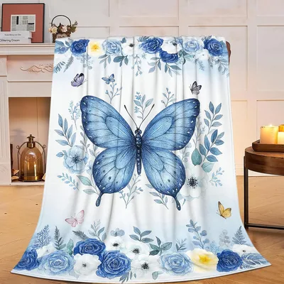 Blue Butterfly Floral Blanket: Large Blue Moth and Rose Design