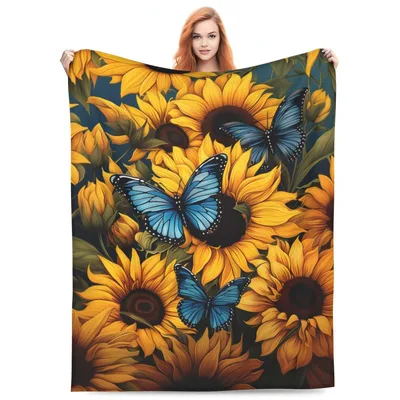 Sunflowers and Blue Butterflies Blanket