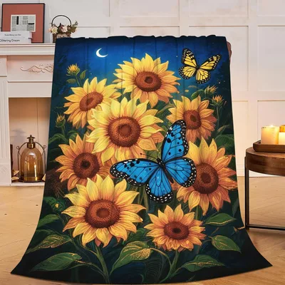 Sunflowers and Butterflies at Night Blanket: A Moonlit Floral Design