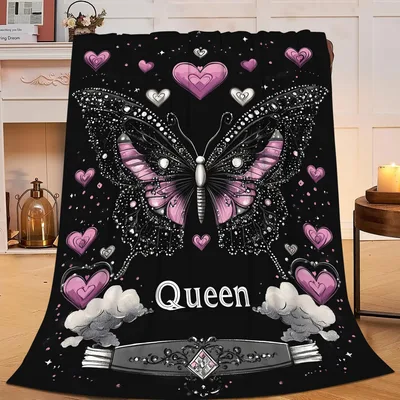 Butterfly Queen Hearts Blanket: Sparkling Butterfly and Crown Design