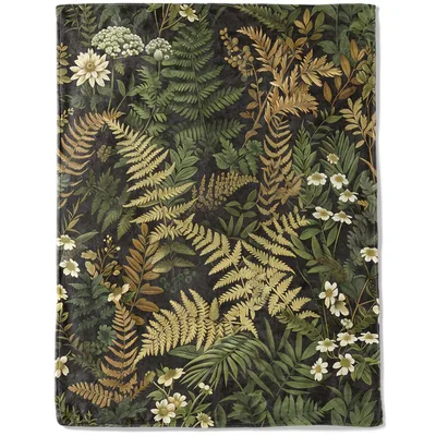 Botanical Fern Forest Blanket: Vintage Green and Gold Leaf Design