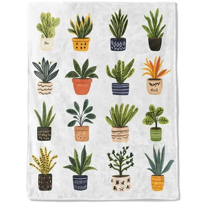 Potted Plants Botanical Blanket features sixteen illustrated