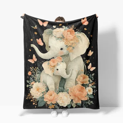 Mother Baby Elephant Floral Blanket