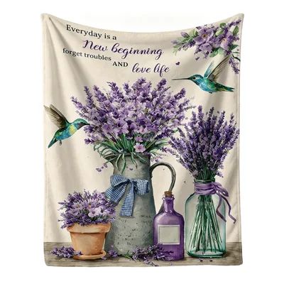 Lavender Hummingbird Floral Blanket featuring rustic vases