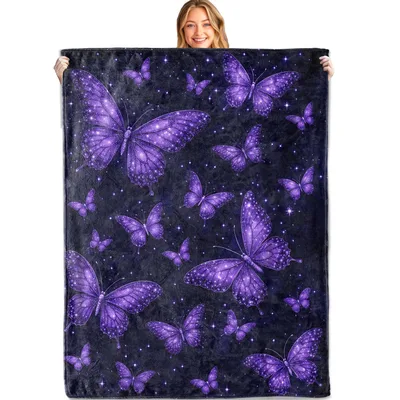 Purple Butterflies Starry Night Blanket: Cosmic Wings for Your Couch