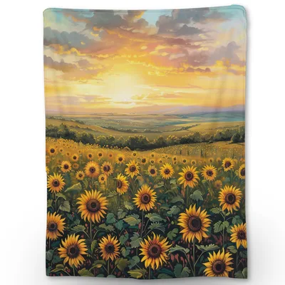 Sunflower Field Sunset Blanket: Golden Floral Landscape Throw
