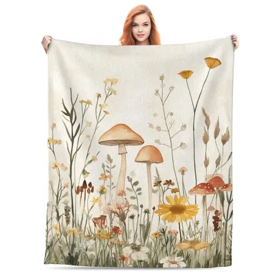 Mushroom Wildflower Watercolor Blanket: Cozy Nature Art for Your Home