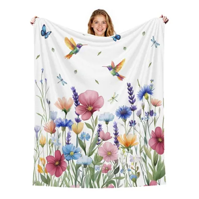 Watercolor Wildflowers and Hummingbirds Blanket: A Spring Floral Throw