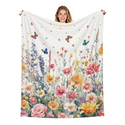 Pastel Meadow Flowers Blanket: Watercolor Wildflower Butterfly Design