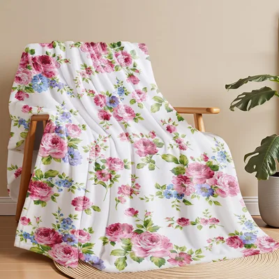 Floral Pink Roses Blanket: Watercolor Rose and Blue Flower Throw