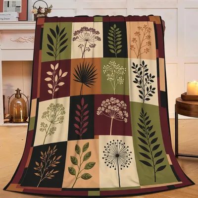 Botanical Leaves Patchwork Blanket: Retro Floral Grid Design