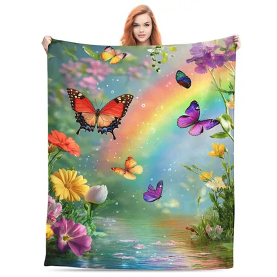 Rainbow Butterfly Floral Blanket featuring a vivid garden scene