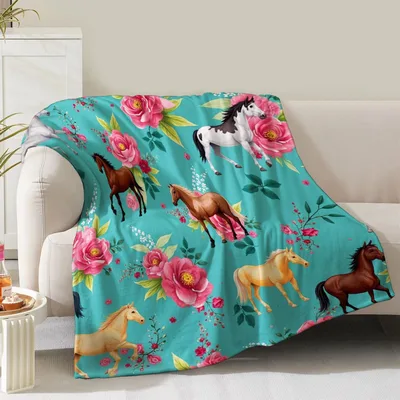Horses and Pink Roses Blanket: Equestrian Floral Throw for Your Sofa