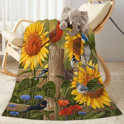 Sunflowers Birds Farmhouse Blanket: Rustic Garden Art for Cozy Spaces