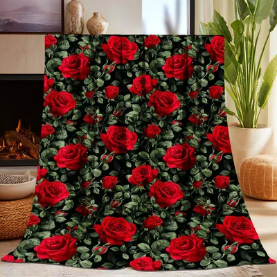 Red Roses Floral Pattern Blanket: Vintage Red Rose Print on Black