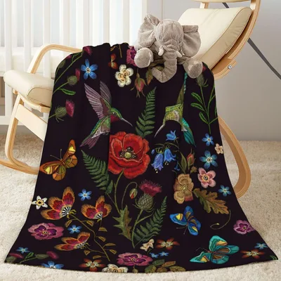 Hummingbirds and Flowers Embroidery Blanket for Nature Lovers