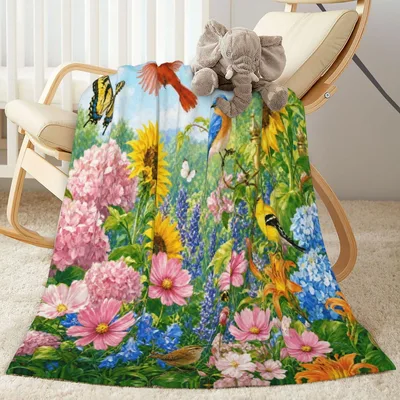 Floral Garden Birds Blanket features sunflowers pink