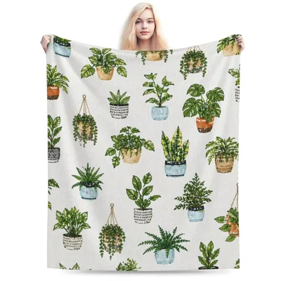 House Plants Pattern Blanket: Watercolor Potted Greenery Throw