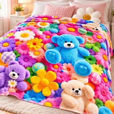 Teddy Bear Floral Pattern Blanket: 3D Plush Bears and Bright Daisies