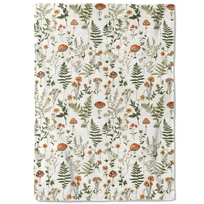 Mushroom Fern Wildflower Pattern Blanket: Botanical Fleece Throw