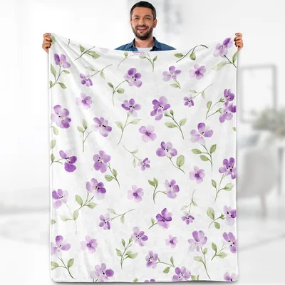 Purple Floral Pattern Blanket: Watercolor Wildflowers on White