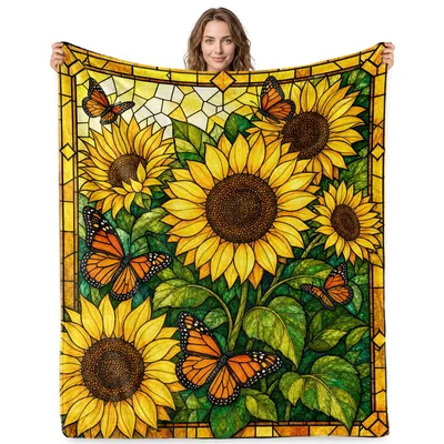 Sunflower Butterfly Stained Glass Blanket: Floral Art Design