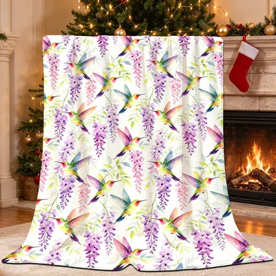 Hummingbirds and Purple Wisteria Blanket: A Floral Nature Print