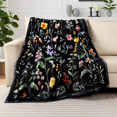 Floral Botanical Butterfly Blanket: Vintage Floral Art on Black