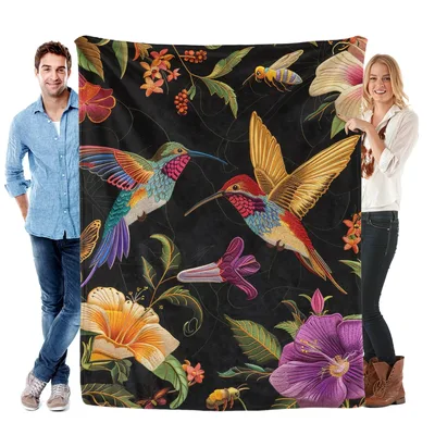 Hummingbird Floral Botanical Blanket featuring vibrant hummingbirds