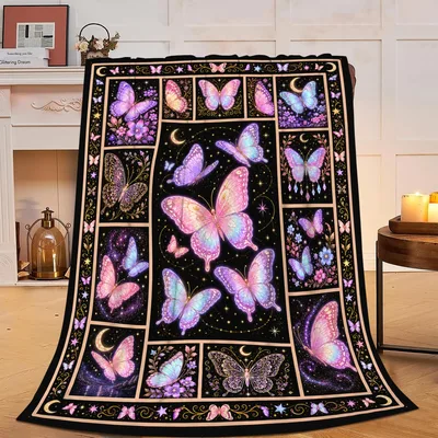 Pink Butterflies and Moons Blanket: Celestial Butterfly Art Design
