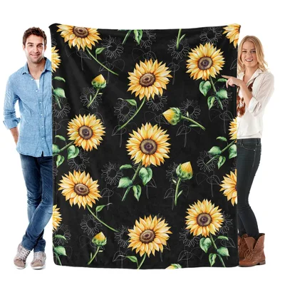 Yellow Sunflower Pattern Blanket: Bright Floral Design on Black