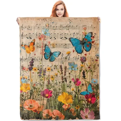 Butterfly Floral Music Blanket featuring vintage sheet music