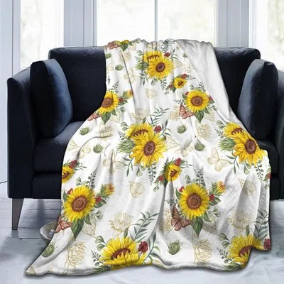 Sunflower Bouquets on White Blanket: Floral Pattern with Butterflies