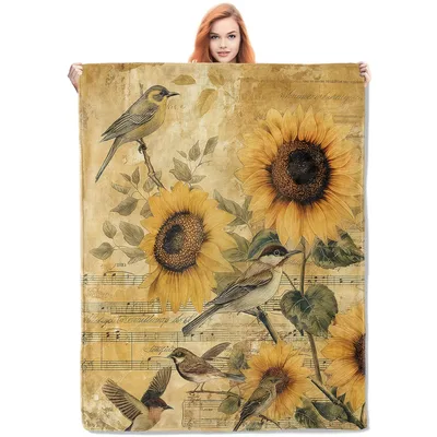 Sunflower Birds Vintage Blanket: A Rustic Floral Throw