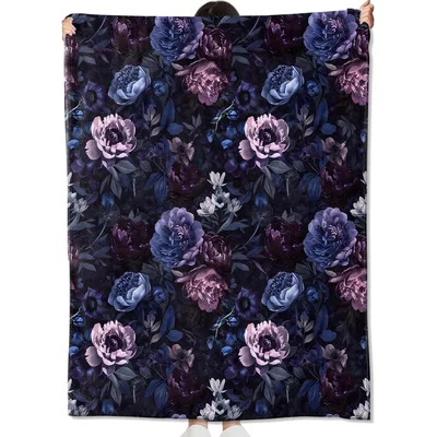 Dark Gothic Floral Peonies Blanket: Deep Purple and Blue Flower Design