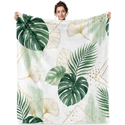 Sage Watercolor Monstera Blanket: Tropical Leaves and Gold Accents