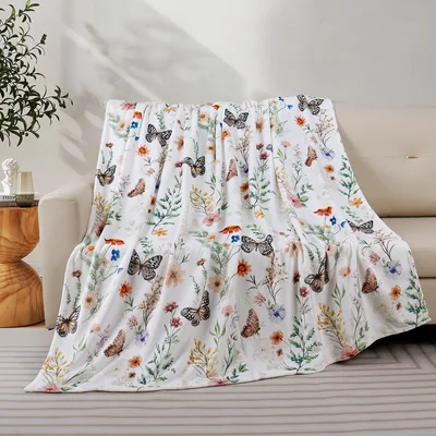 Butterflies and Wildflowers Blanket: Botanical Floral Throw