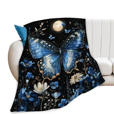 Blue Butterfly Under Blanket: A Large Blue Butterfly and Moon Design