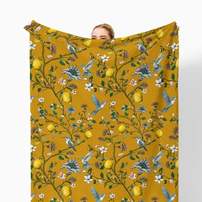 Lemon Hummingbird Floral Blanket: Mustard Bird and Citrus Pattern