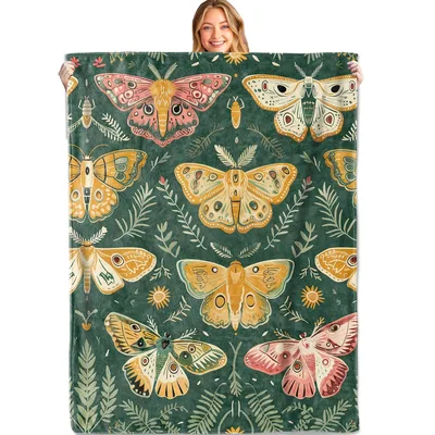 Vintage Moth Botanical Blanket featuring colorful insect illustrations