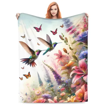 Hummingbird Floral Watercolor Blanket: A Vintage Garden Scene