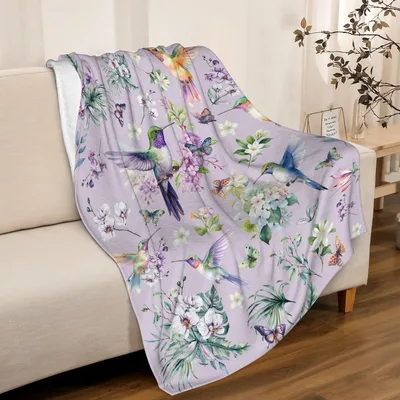 Hummingbirds and Flowers on Lavender Blanket for Nature Lovers